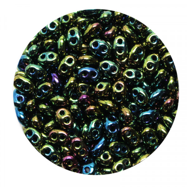 Twin Beads, 2-loch Glasperlen, 2,5 x 5 mm, 12gr. Dose,grün iris