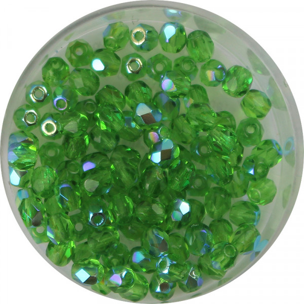 Glasschliffperlen, feuerpoliert, 4 mm, bedampft emerald AB