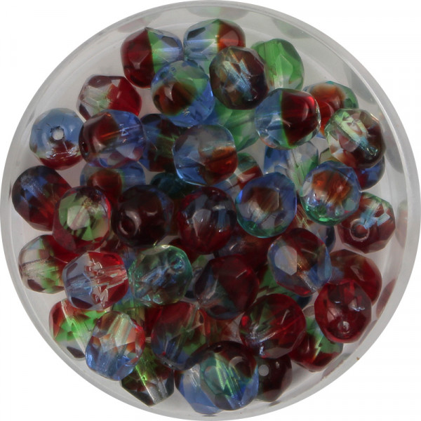 Glasschliffperlen, feuerpoliert, 6 mm, transp. rot-grün-blau